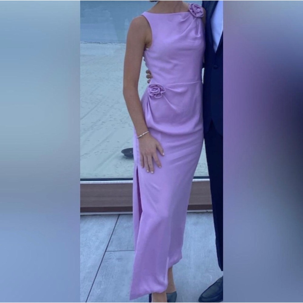 Monique Lhuillier Lilac Sleeveless Floral-Accent Maxi Dress